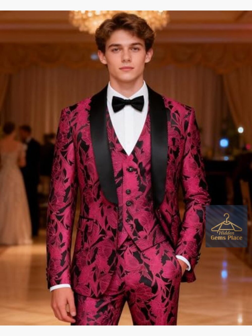 3-Piece Floral Jacquard Slim Fit Suit Set for Wedding Prom Tuxedo - Picture 5 of 7